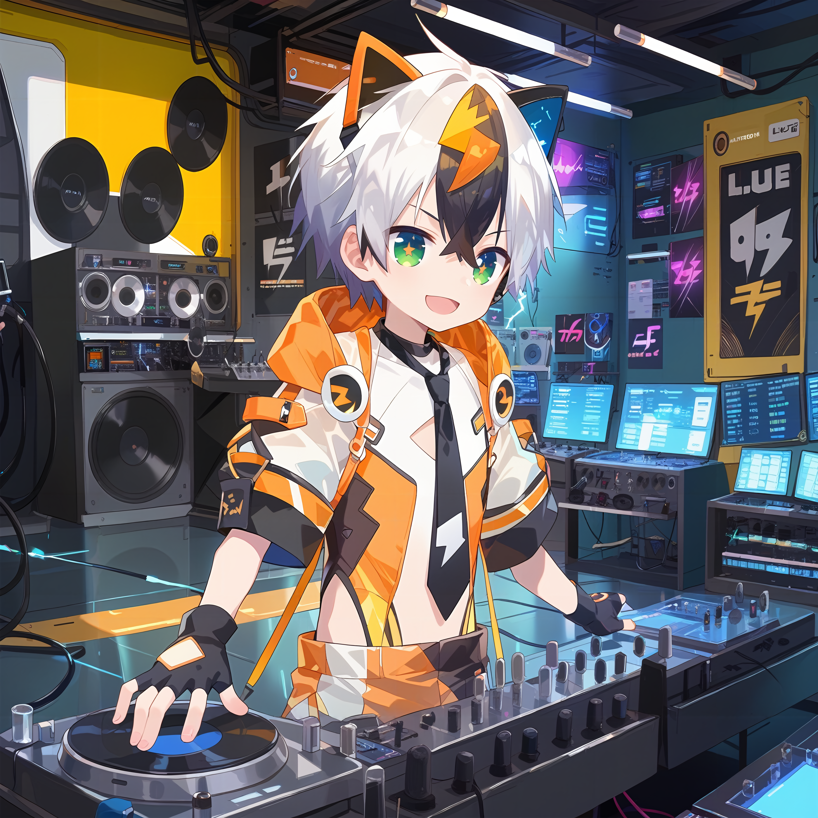 45813571-1679734506-_lora_luole-000017_0.8_,1boy,male focus,green eyes,multicolored hair,white hair,animal ears,gloves,virtual youtuber,sitting,blac.png